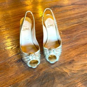 Christian Louboutin Gold Knot Peep Toe Sling Back Wedge